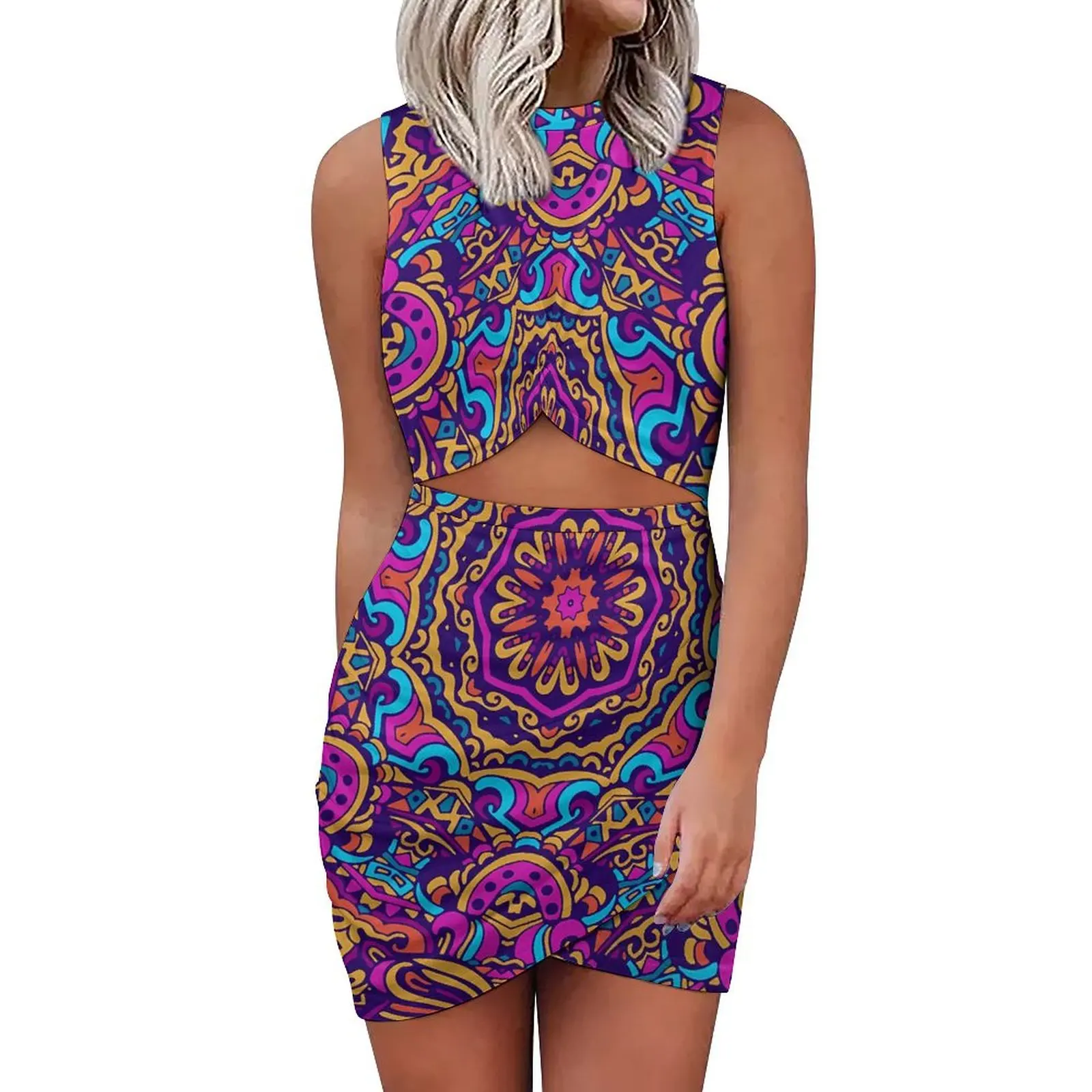 

Vintage Ethnic Bodycon Dress Woman Colorful Tribal Print Night Club Dresses Summer Hollow Out Aesthetic Graphic Dress Big Size