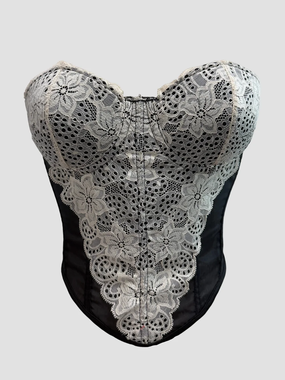 Black White Floral Lace Overbust Corset Strapless Sheer Mesh Patchwork Back Lace Up Boned Waist Trainer Holiday Party Wear