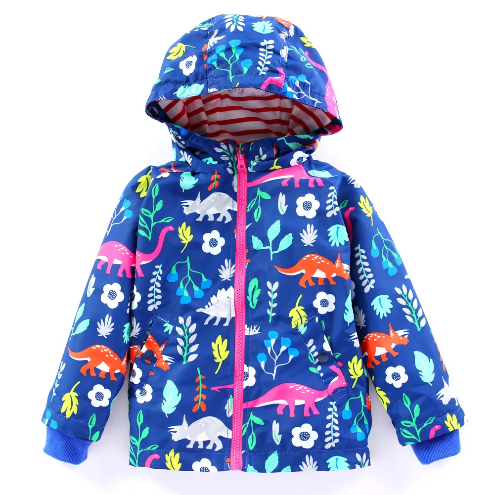 Girls Spring Fall Hooded Jacket+Pants 2PCS Suits Fashion Boys Windproof Rainproof Tracksuits Cartoon Dinosaur Sprint Clothing