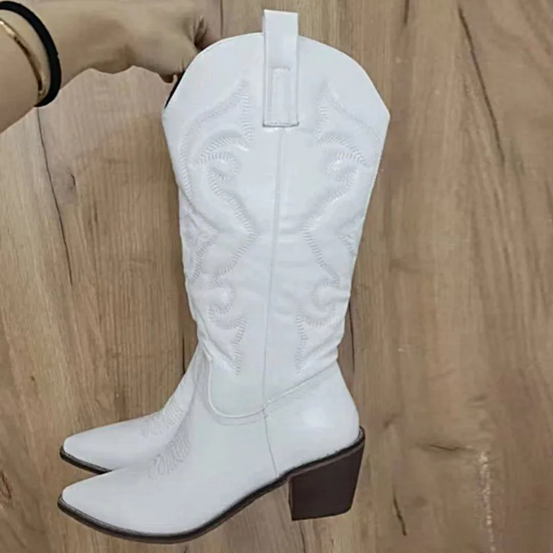 Botas vaqueras occidentales para mujer, zapatos metálicos brillantes bordados hasta la rodilla, Stiletto de punta estrecha, color rosa, envío directo