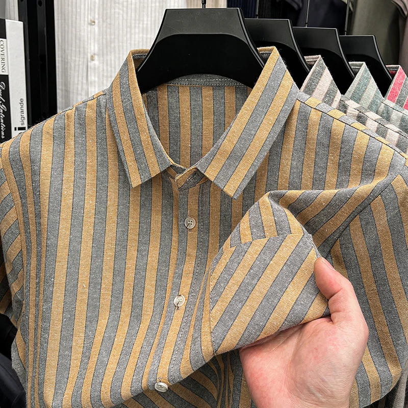 

Luxury fashion pocket short sleeve shirt high-end personality color stripes men's casual new comfort breathable summer lapel top