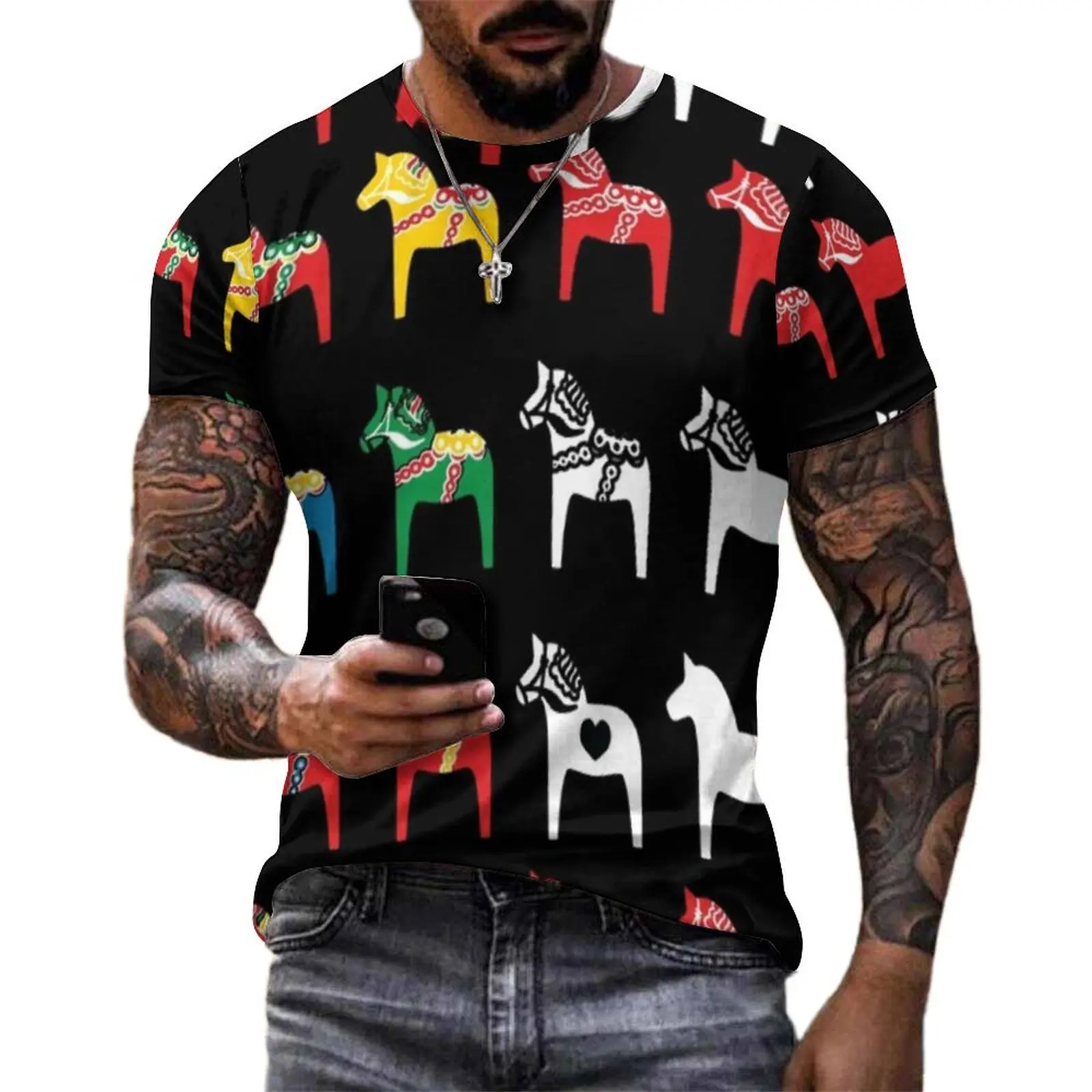 Sweden Horse T-Shirt For Man Dala Horses Traditional Art O Neck T Shirts Summer Tops Short Sleeves Casual Plus Size Tee Shirt