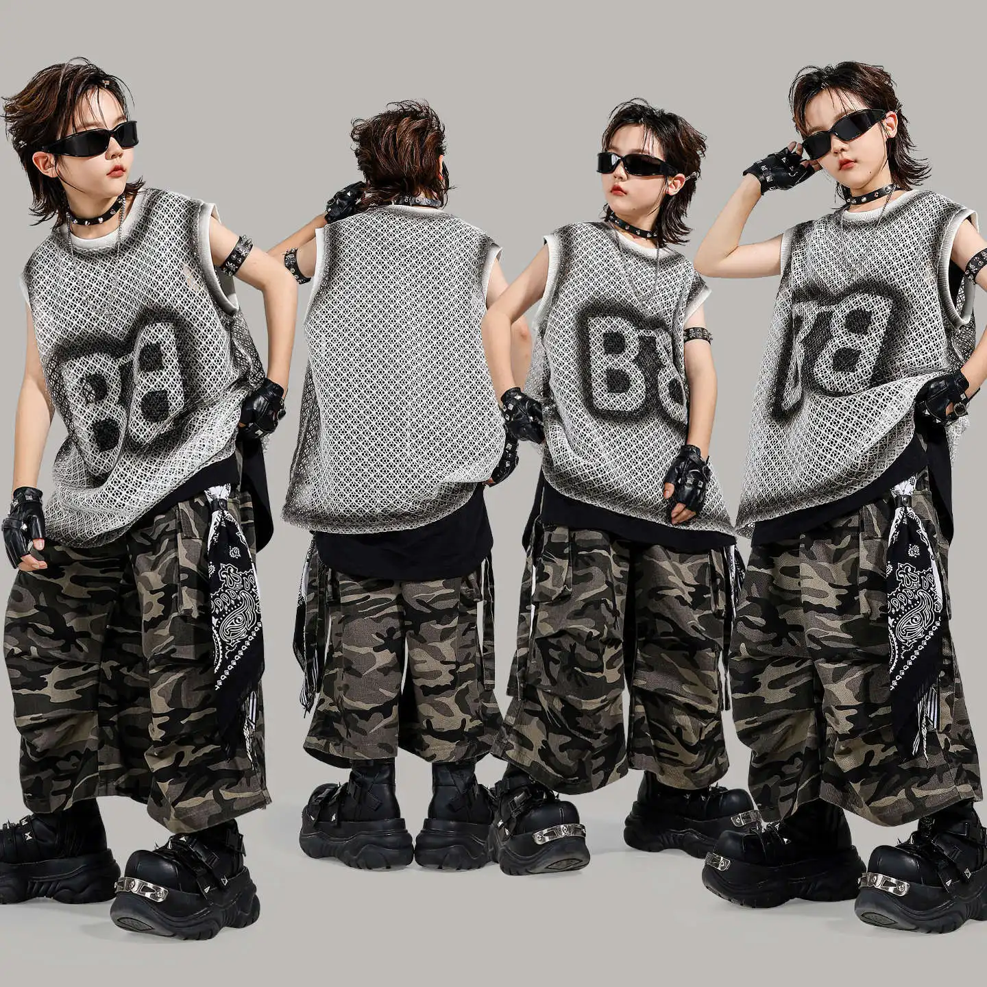 

Kid Kpop Hip Hop Clothing White Net Tank Top Camo Strap Parachute Cargo Shorts Middle Pants for Girl Boy Dance Costumes Clothes