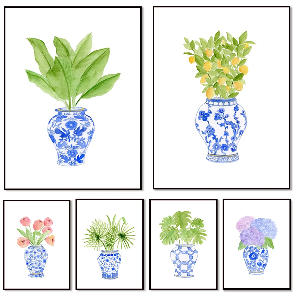 

Ginger jar art print, Chinese style art flower Ben vase coastal ginger jar print, wall print gallery millennial art coastal Chin