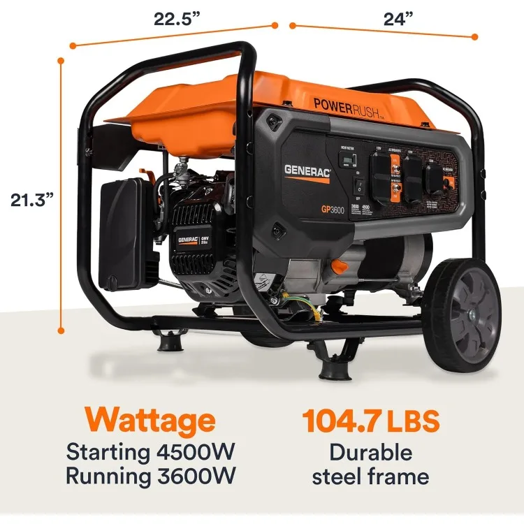 Generac 7678 GP3600 3,600-Watt Gas-Powered Portable Generator - Powerrush Advanced Technology - Durable Design and Reliable