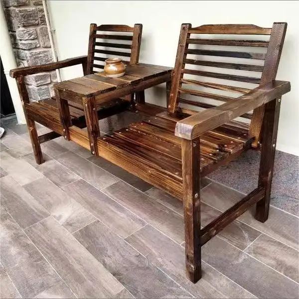 Outdoor courtyard double backrest chair anticorrosive wooden table and chair carbonized solid wood tea table bench balcony chair