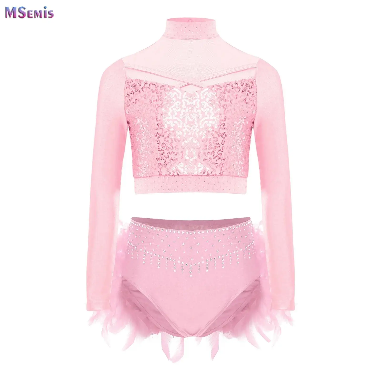 

Kids Girl Jazz Dance Outfit Shiny Sequins Crop Top+Feather Skirt Set for Hip Hop Street Performance Training Competition Set