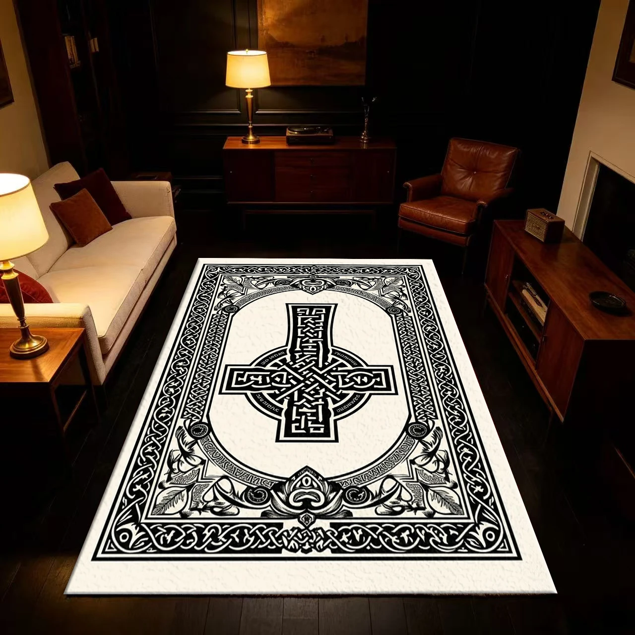 Vintage Celtic Cross Knot Pattern Carpet Non-Slip Retro Medieval Style Carpet Suitable for Living Room Bedroom Home Decoration