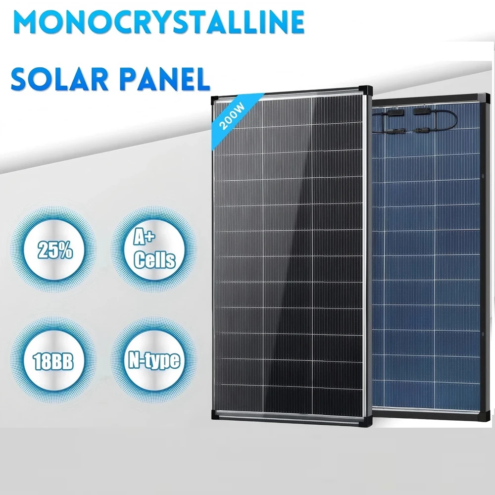 Bifacial 200W N-Type Monocrystalline Solar Panel 18V 18BB Busbar High Efficiency PV Module Dual-Sided Power Generation IP68 Waterproof Off Grid Solar Charger for Home Cabin RV Camper Camping Boat Yacht Battery Power Station Outdoor Solar Energy System