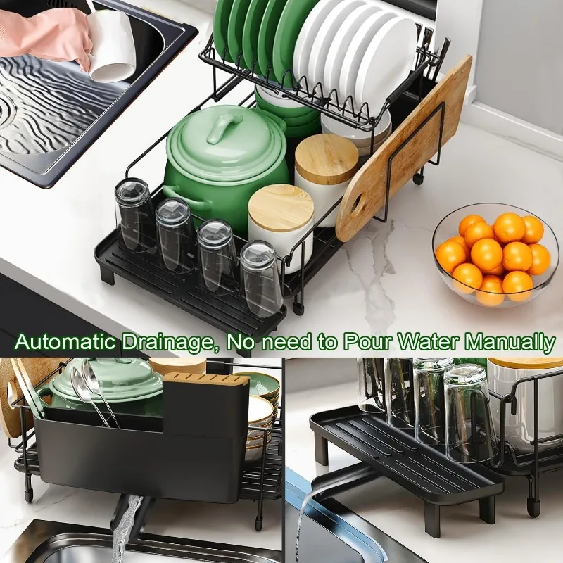Large Dish Drying Rack with Drainboard Set, Stainless Steel Detachable 2-in-1 Large-Capacity 2-Tier Over The Sink Anti-Rust
