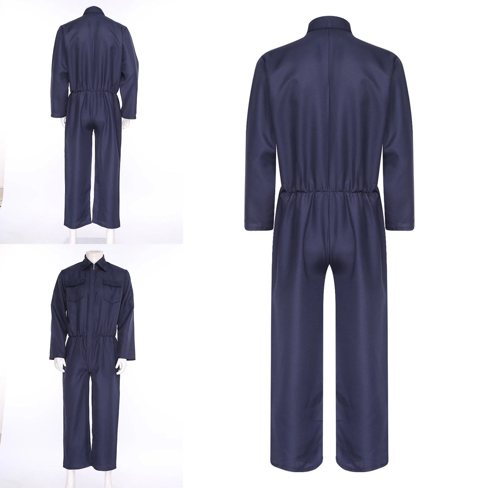 مآزر للجنسين بدلة قفز باللون الأزرق الداكن بأكمام طويلة وجيوب رفرف الصدر من قطعة واحدة لأزياء العمل في المصنع #4
