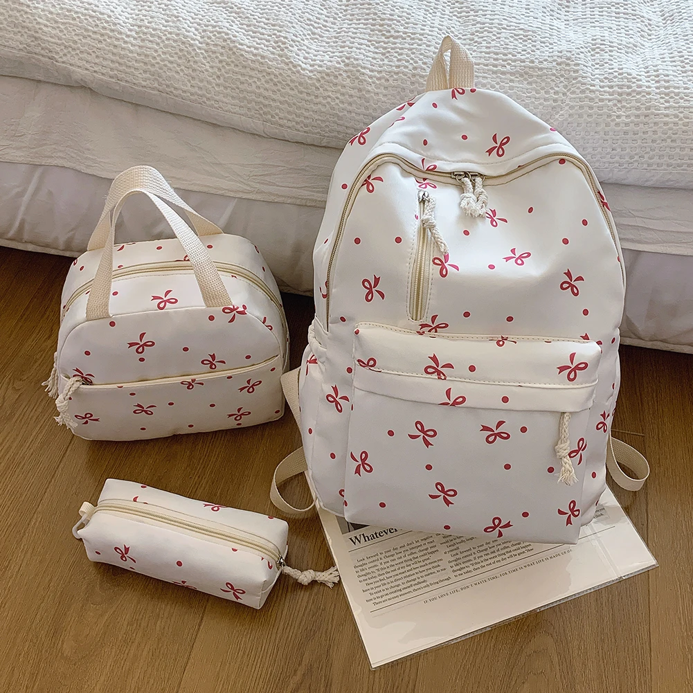 3Pcs/Set Bow Print School Backpack with Handbag and Pencil Case Aesthetic Daypack for Girl Women Travel