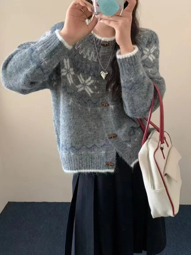 AOSSVIAO الكورية الرجعية الجاكار المرأة سترة الخريف الشتاء جديد كسول نمط فضفاض طويل الأكمام الثور القرن زر سترة مشغولة من الصوف