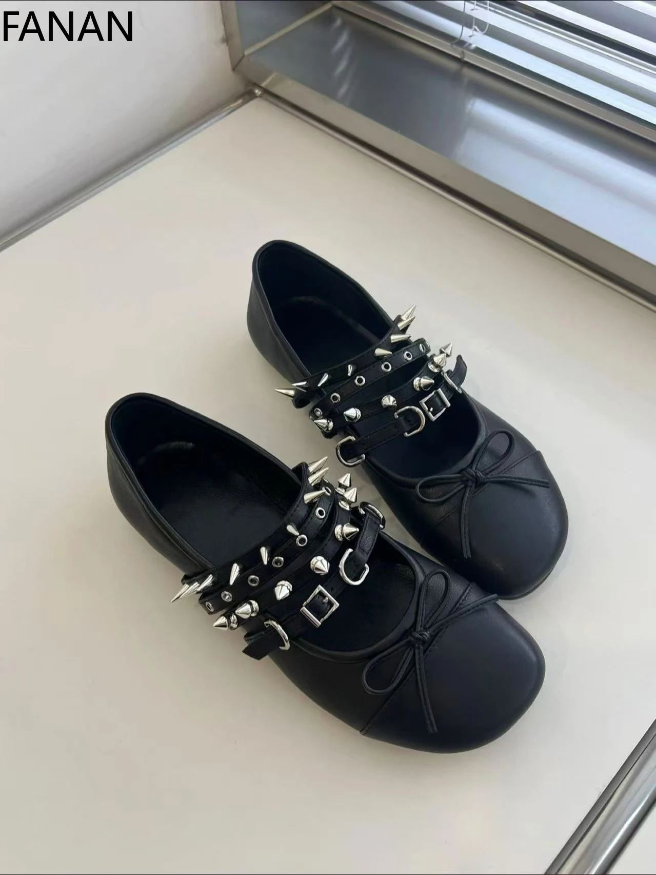2025 New Original Punk Flats Shoes for Women's Vintage Red Low Heel Bow Rivet Ballet Shoes Subculture Mary Jane Shoes Pumps