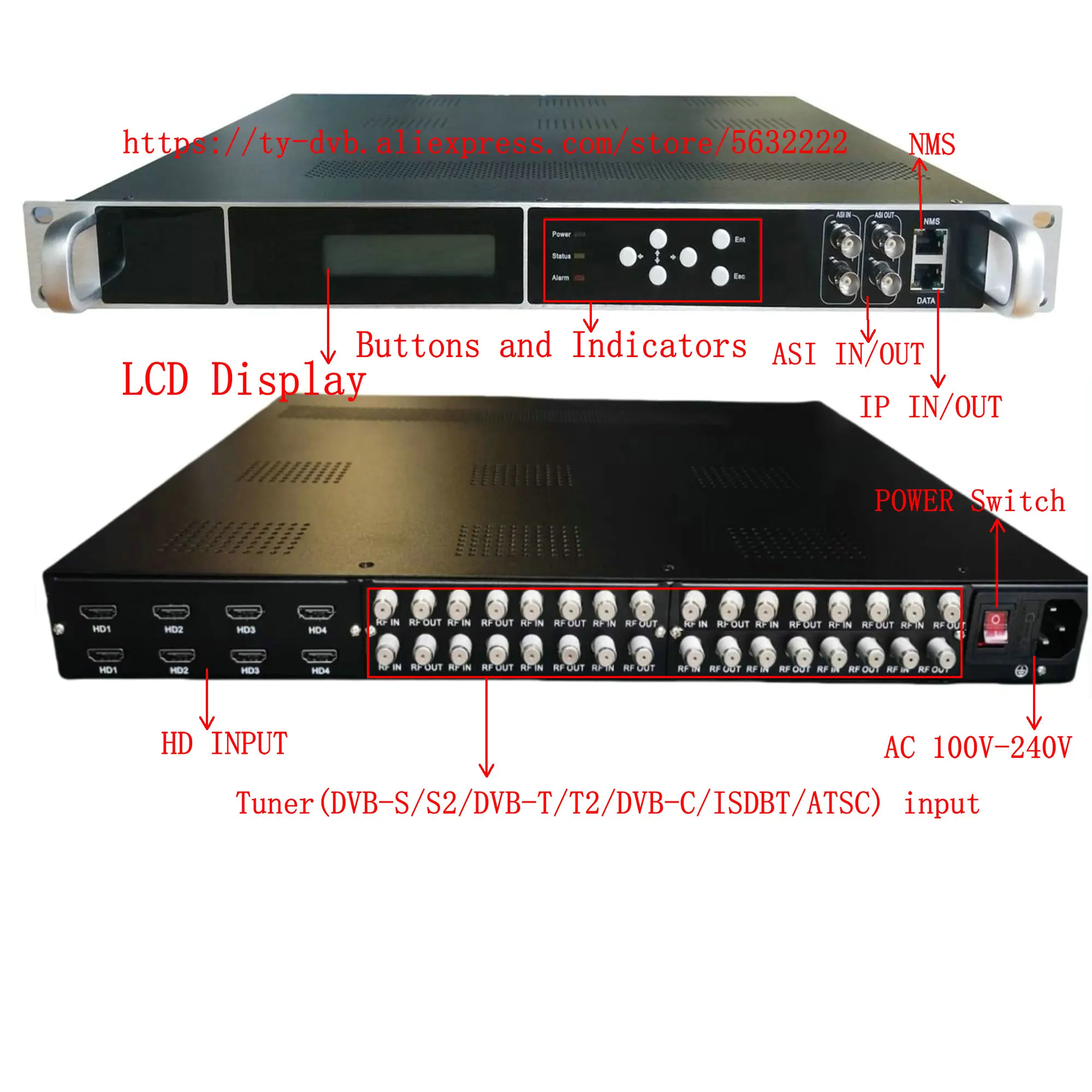 16-Channel Tuner Receiver Gateway + 8-Channel HD Video Encoder IPTV CATV ระบบทีวี DVB-S2/S2X DVB-T2 ISDBT ATSC IRD Receiver