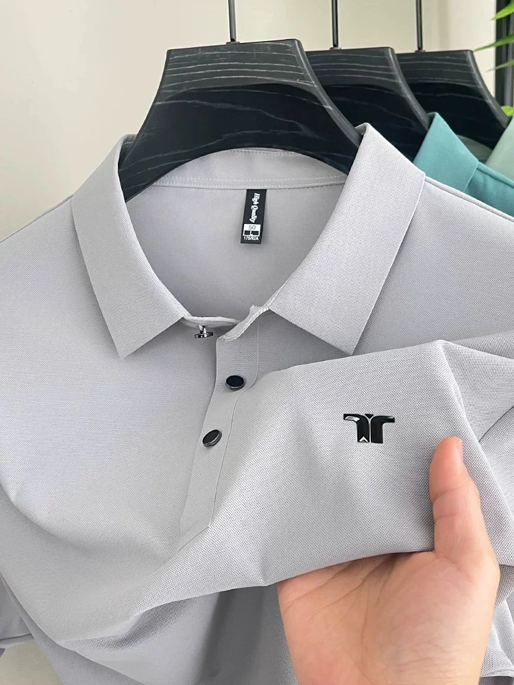 الراقية قميص بولو من الحرير الجليدي المألوف بأكمام قصيرة للرجال 2025 صيف جديد طباعة تصميم عادية تنفس العلامة التجارية تي شيرت