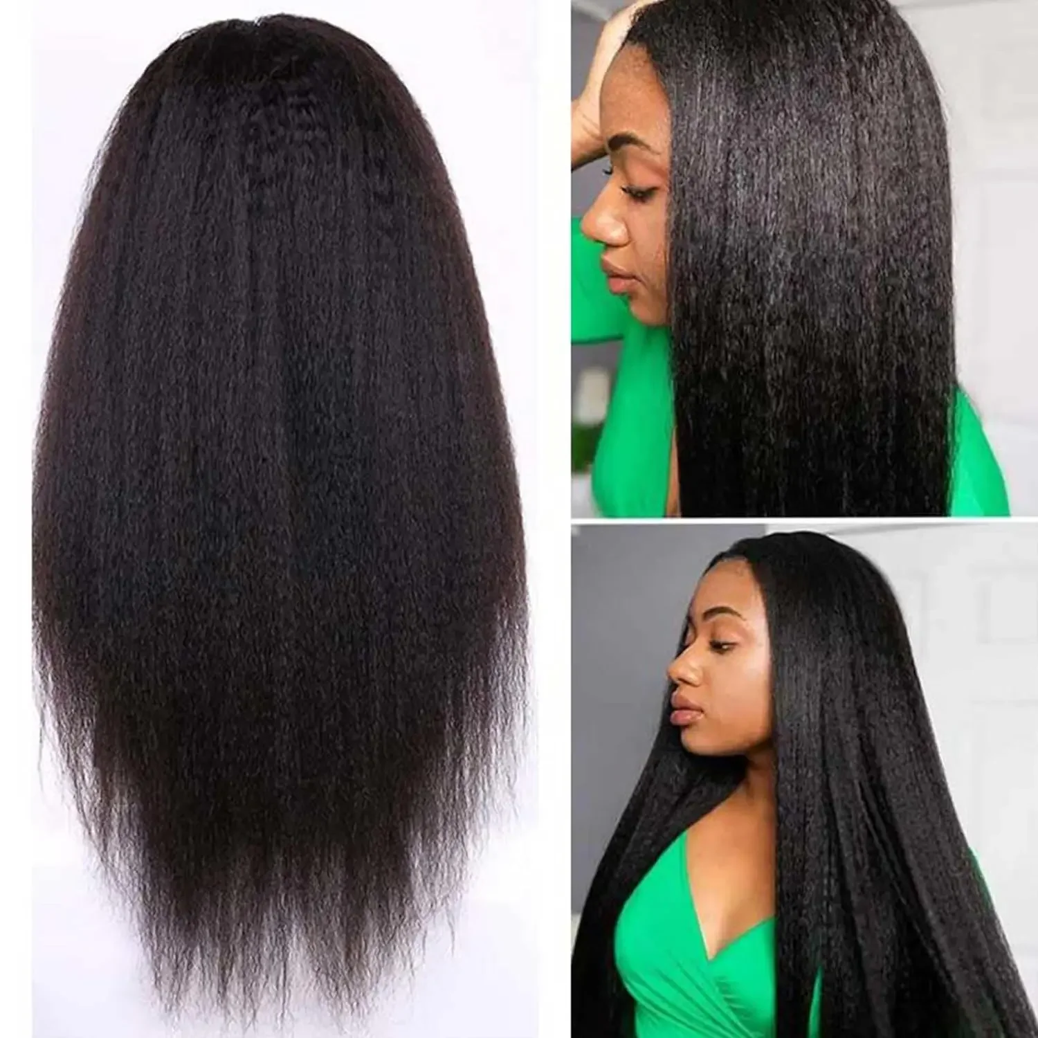 Peluca frontal de encaje liso sin pegamento para mujer, pelo de bebé prearrancado, resistente al calor, 26 "de largo, negro, Yaki, suave, 180de densidad