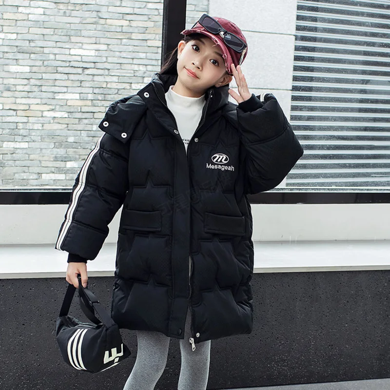 Fashion Girls down Jacket 2024 Winter Kids Warm Thicken Parka Hooded Cotton Coat with Bag 6-12 Years Children Clothing Outerwear