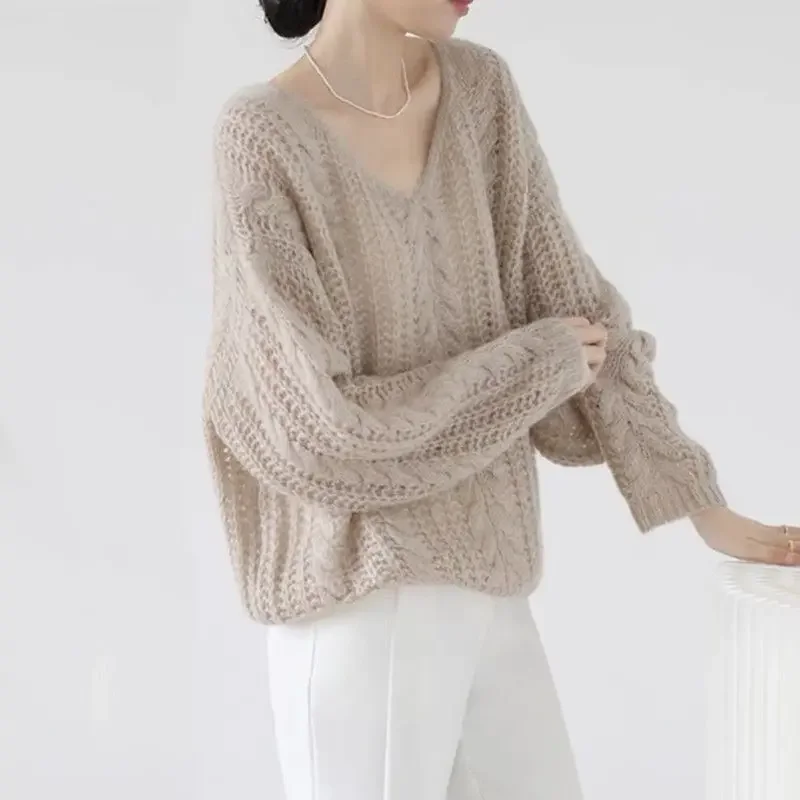 

French Soft and Gentle Style Sweater Women's Base Sweater V-neck Hollowed Out Knit Sweater Lazy Style Loose Top