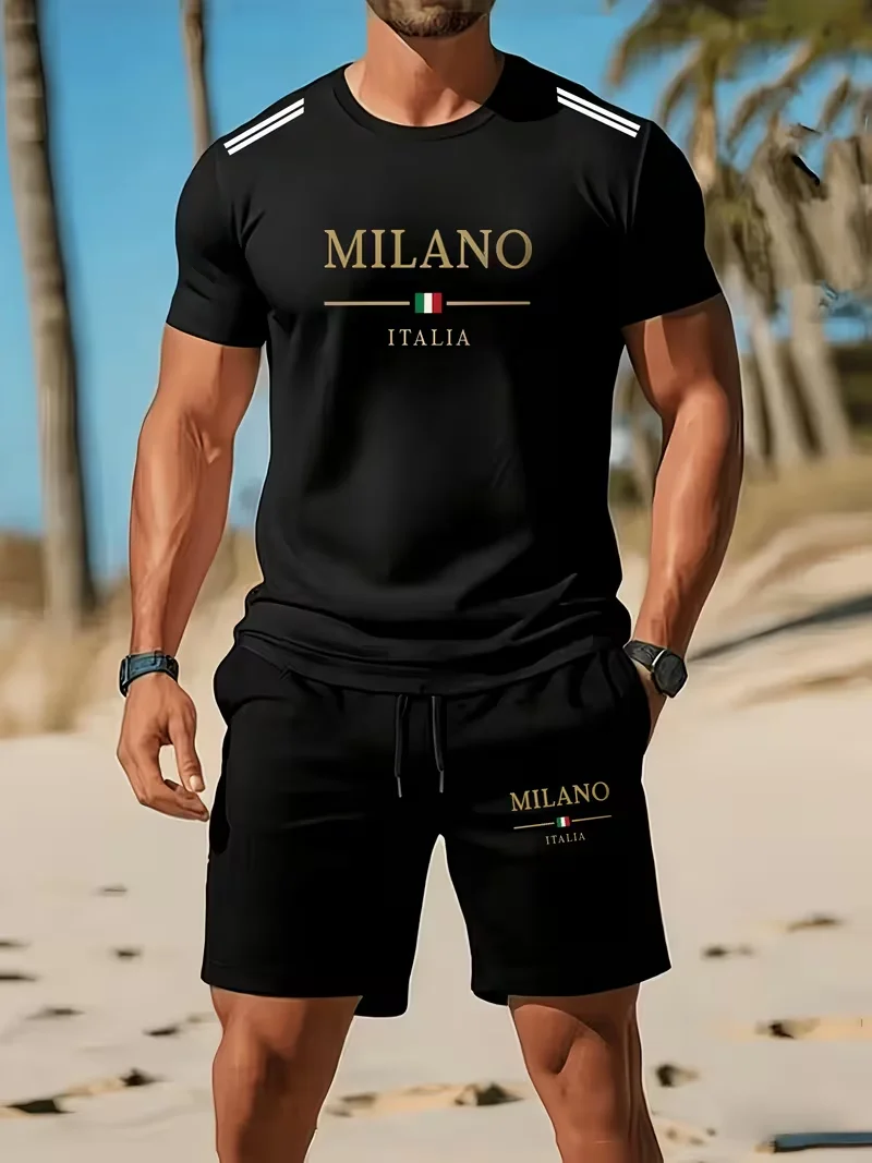 Men's sports two-piece set short sleeved T-shirt and shorts running and fitness sportswear summer promotion latest hot selling