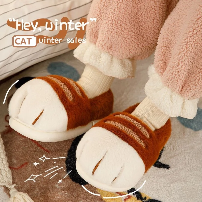 Cuddly cat paw slippers women's winter fluffy indoor home shoes woman warm animal claw slippers unisex furry slides shoes loafer image 3