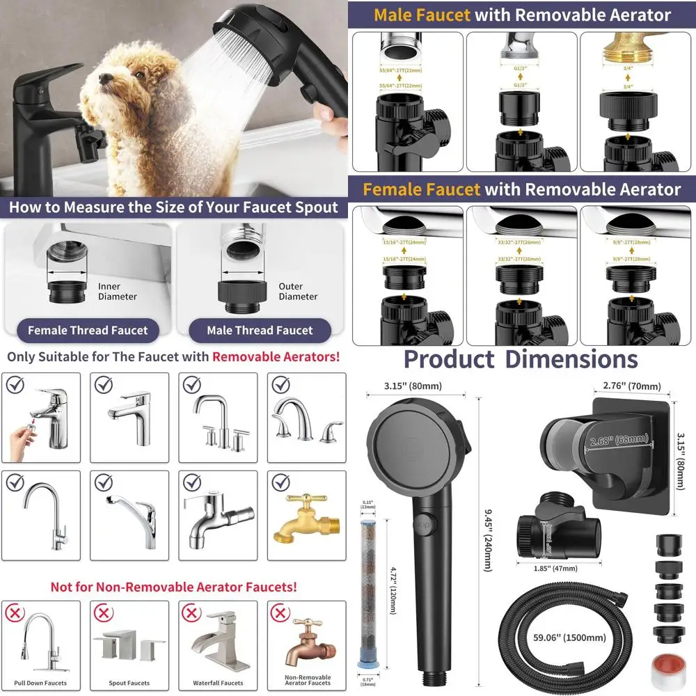 

Multi-Function Matte Black Shower Head with 5 Adapters, Tub Faucet Sprayer, 3 Modes, and Filter