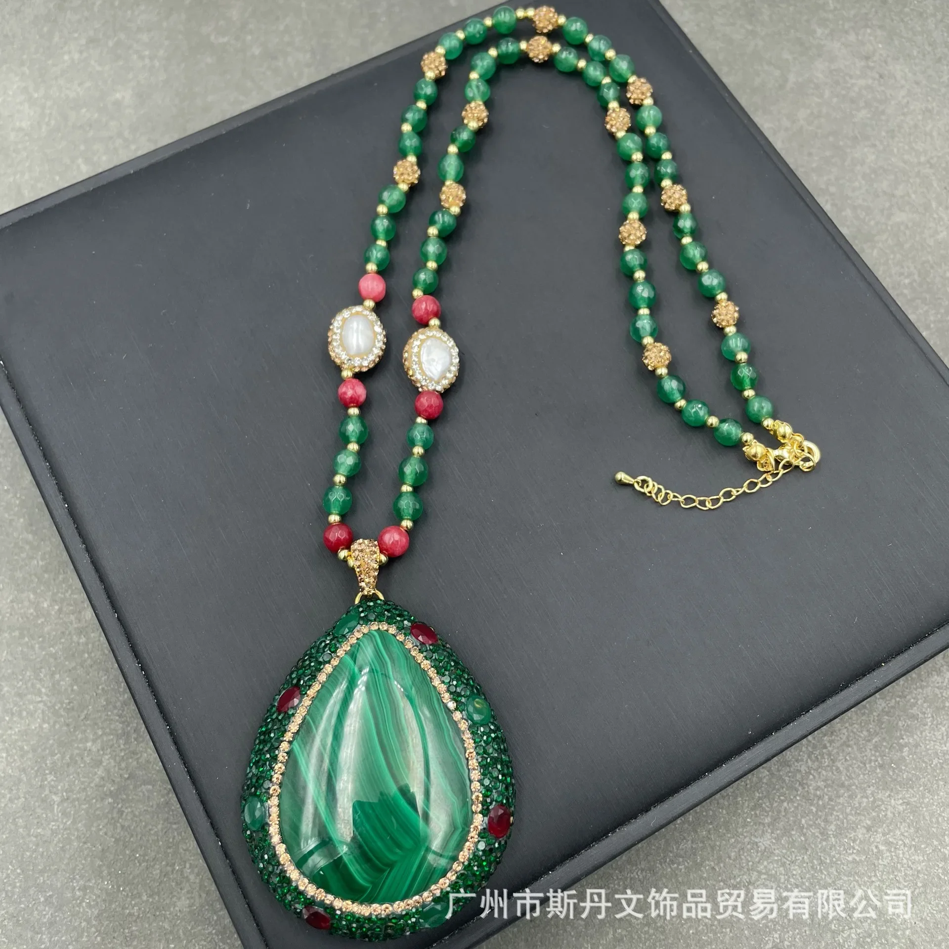 Natural peacock stone rough stone pearl medieval necklace personalized retro emerald sweater chain manufacturer supply wholesale