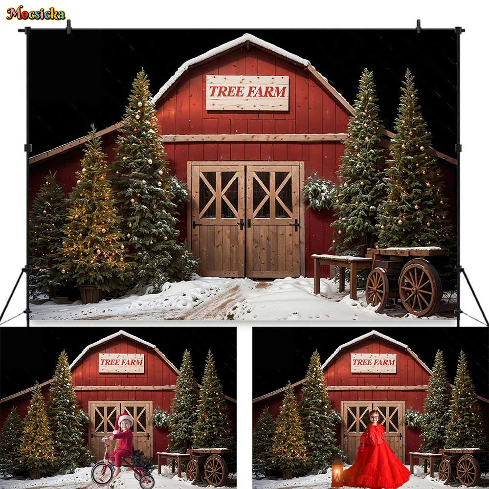 

Mocsicka Winter Red Barn Background Photography for Christmas Eve Tree Farm Snowy Night Backdrop Family Outdoor Xmas Photozone