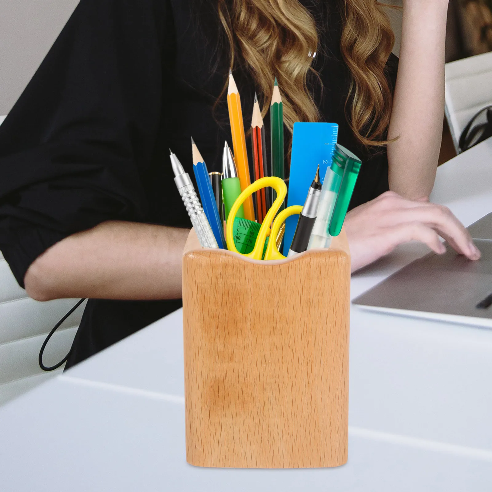 Wooden Pen Holder Large Capacity Desk Organizer For Pens Pencils Markers Makeup Brushes Stationery Storage Container