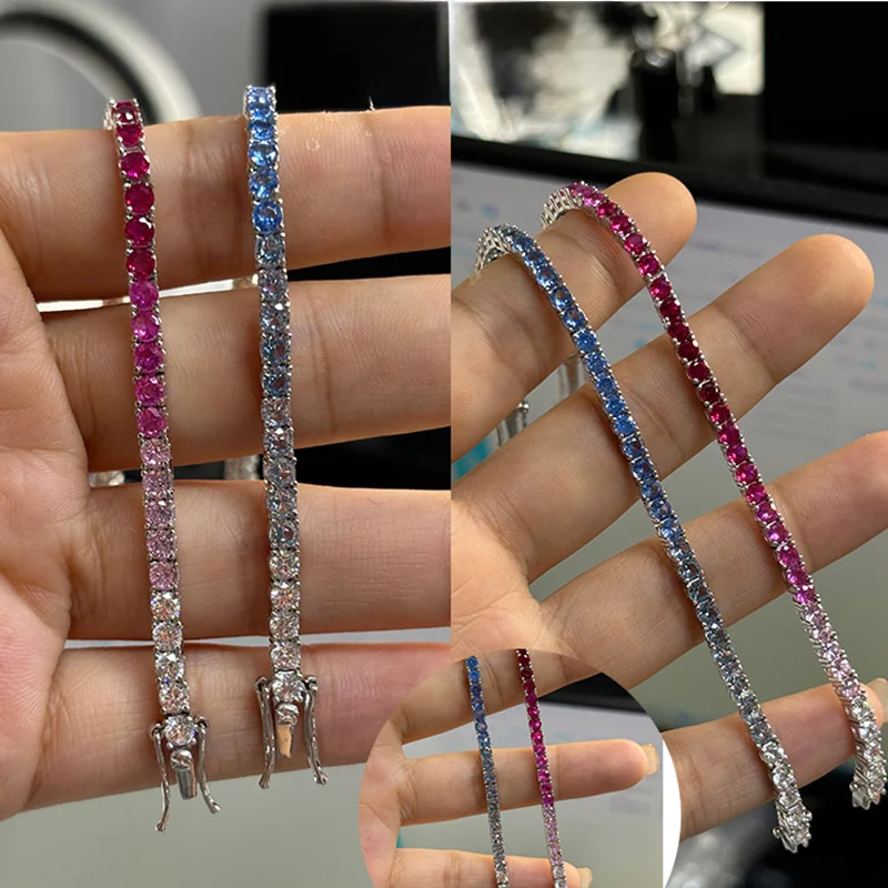 EWYA 2025 الأصلي كامل S925 3 مللي متر الأحمر الزركون سوار للتنس المرأة التدرج الفضة البحر الأزرق عالية الكربون الأحجار الكريمة سلسلة سوار #5