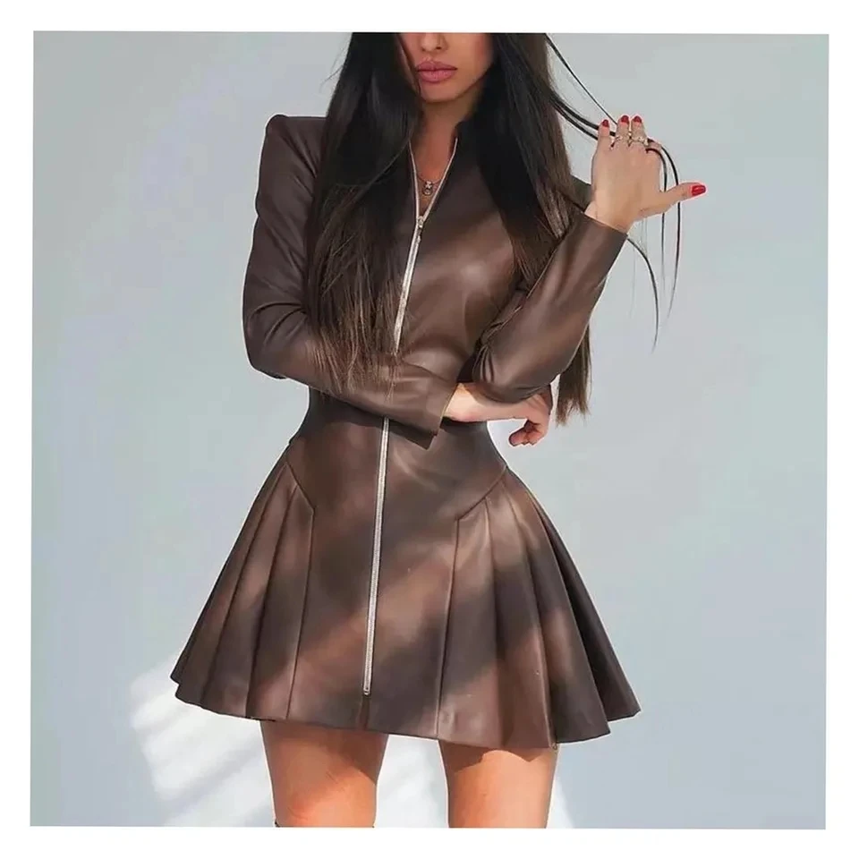 

Autumn Slimming PU Zipper Long-sleeved Women's One-piece Mini Dress 2026 Fashionable Pleated Hugging Female Mini Dresses