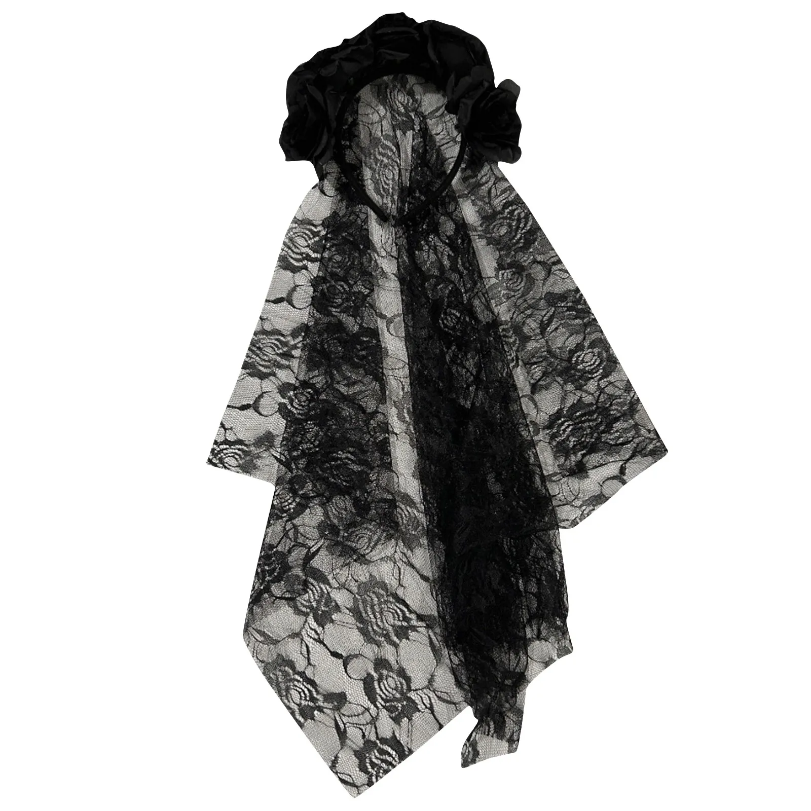 1 قطعة الحجاب الأسود هالوين زهرة الورد عقال زي تأثيري الزفاف المكسيكي زهرة الورد عقال للرأس على شكل تاج يوم الموتى الطرف