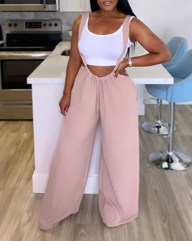 Casual Pink Overalls for Women 2025 Summer Sleeveless Drawstring Wide Leg Suspender High Waist Pocket Design Jumpsuit Romper