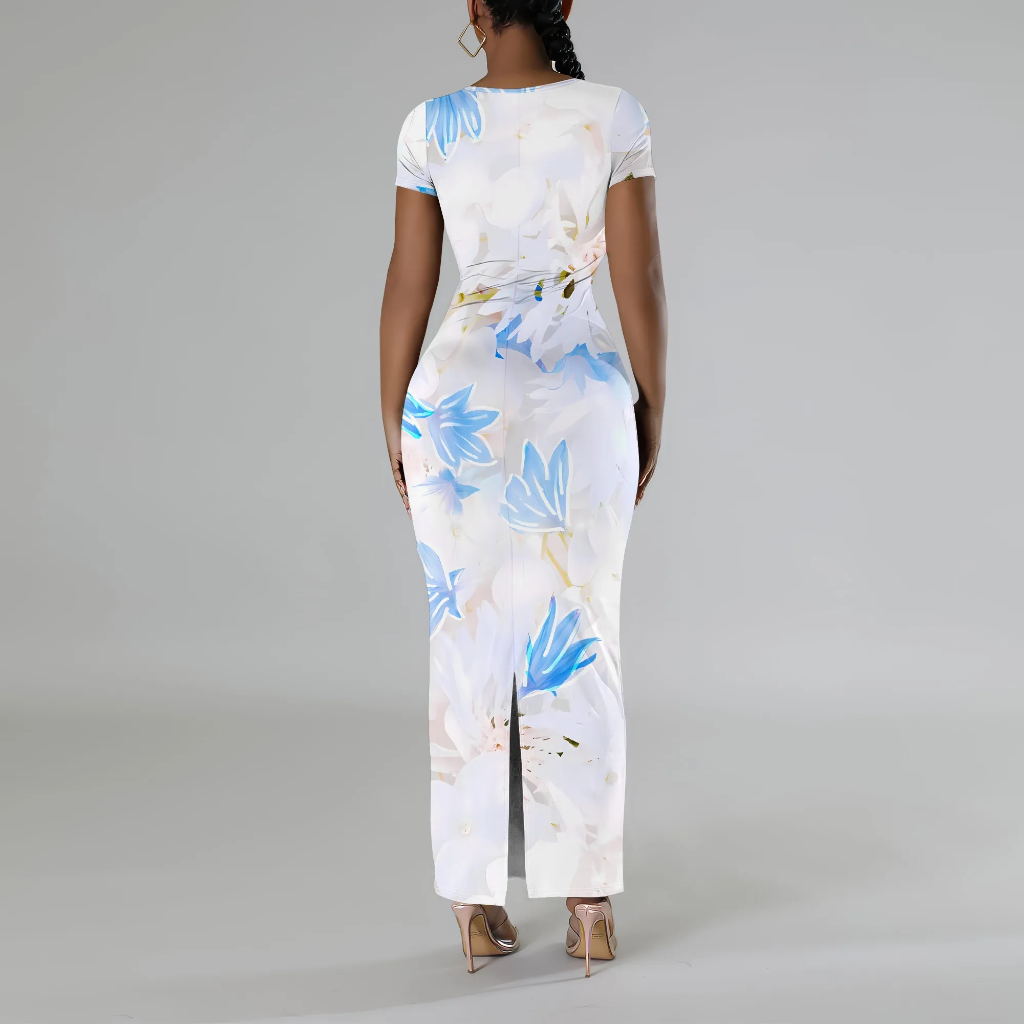 فستان ماكسي ضيق بطبعة زهور زرقاء أنيق كاجوال بأكمام قصيرة ملابس شاطئ صيفية