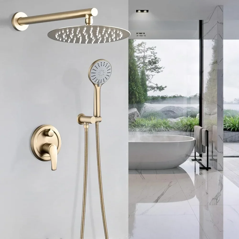 

High Pressure Rain Shower System with 5-Function Handheld Shower Head, Wall Mounted, Brushed Gold Finish