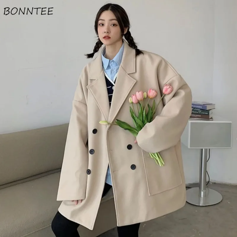 

Casual Blends Women Winter Keep Warm Coat Couples Simple Harajuku New Design Windbreak Double Breasted High Street Chic Vintage