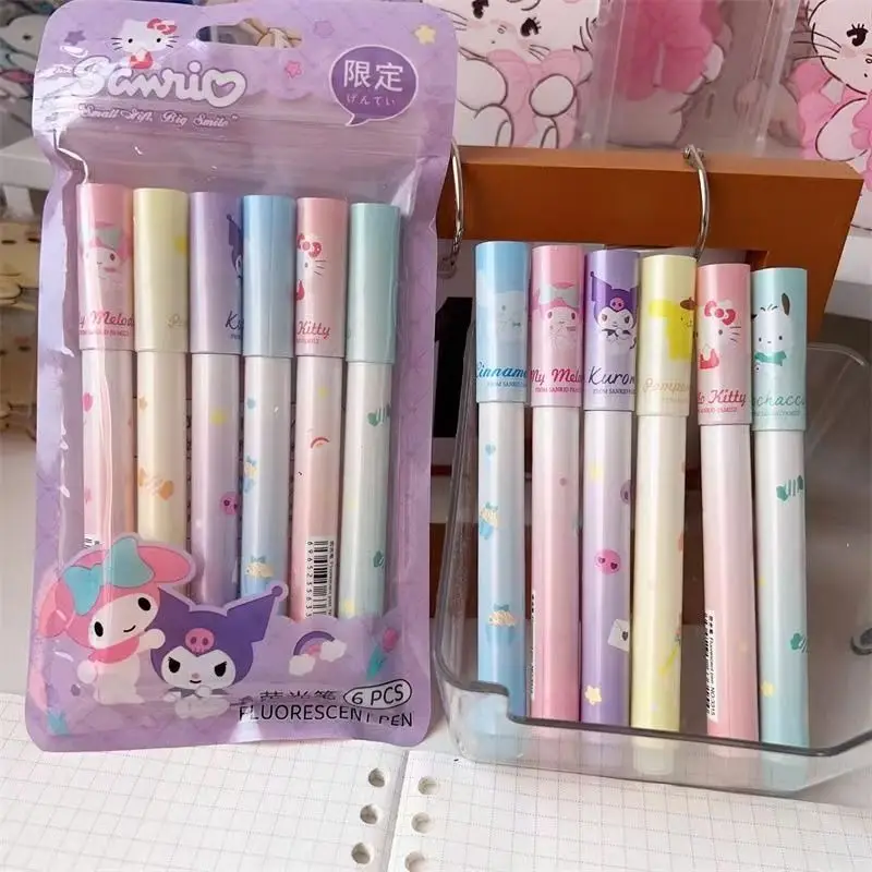 Sanrio series 6Pcs Color Pens Hello Kitty Kuromi Highlighter Statione Set Cinnamoroll Hand Mark Highlighter Office Supplie Gifts