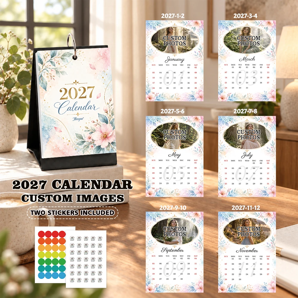 1pc 2027 Custom Photo Desk Calendar,Watercolor Floral Table Calendar with Stickers, Birthday Christmas New Year Gift