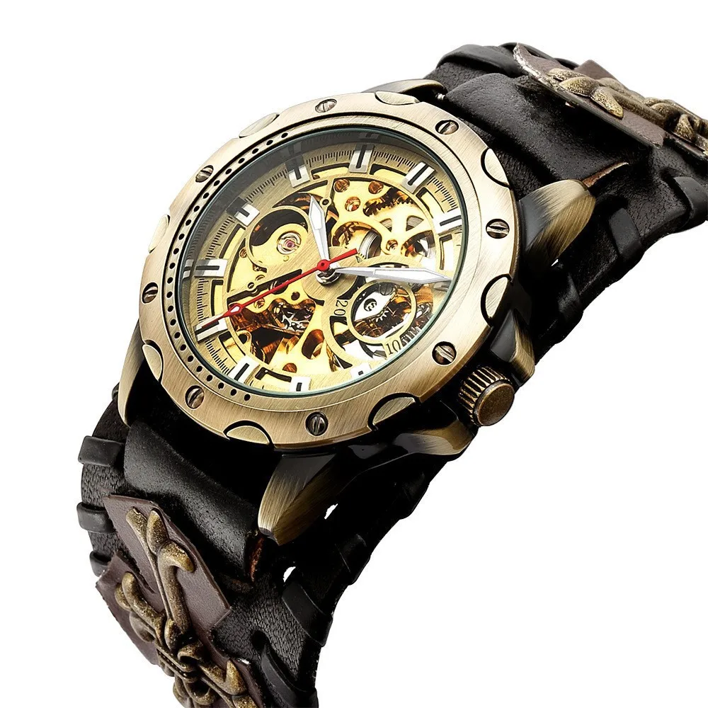 Fashionable Classic SHENHUA Men's Mechanical Watch Retro Hollow American Style Punk Automatic Mechanical Watch