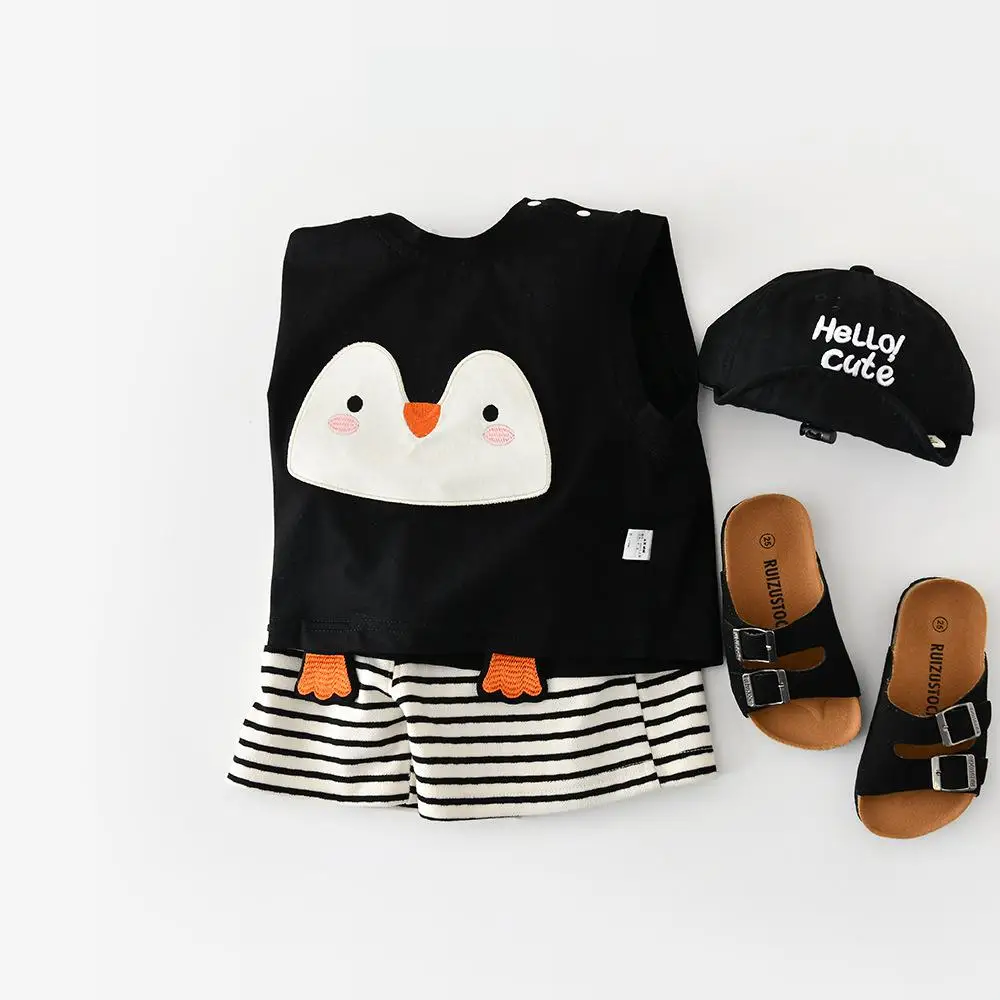 

2026 Summer New Baby Sleeveless Clothes Set Infant Boys Cute Cartoon Vest + Striped Shorts 2pcs Suit Toddler Cotton Outfits