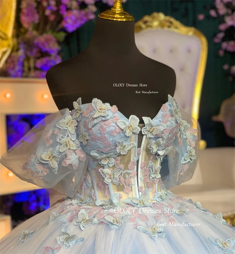 Oloey Luxus Baby blau Quince anera Kleider von der Schulter 3d Blumen Ärmel Party kleid Luxus Prinzessin 16 süße Mädchen Geburtstag