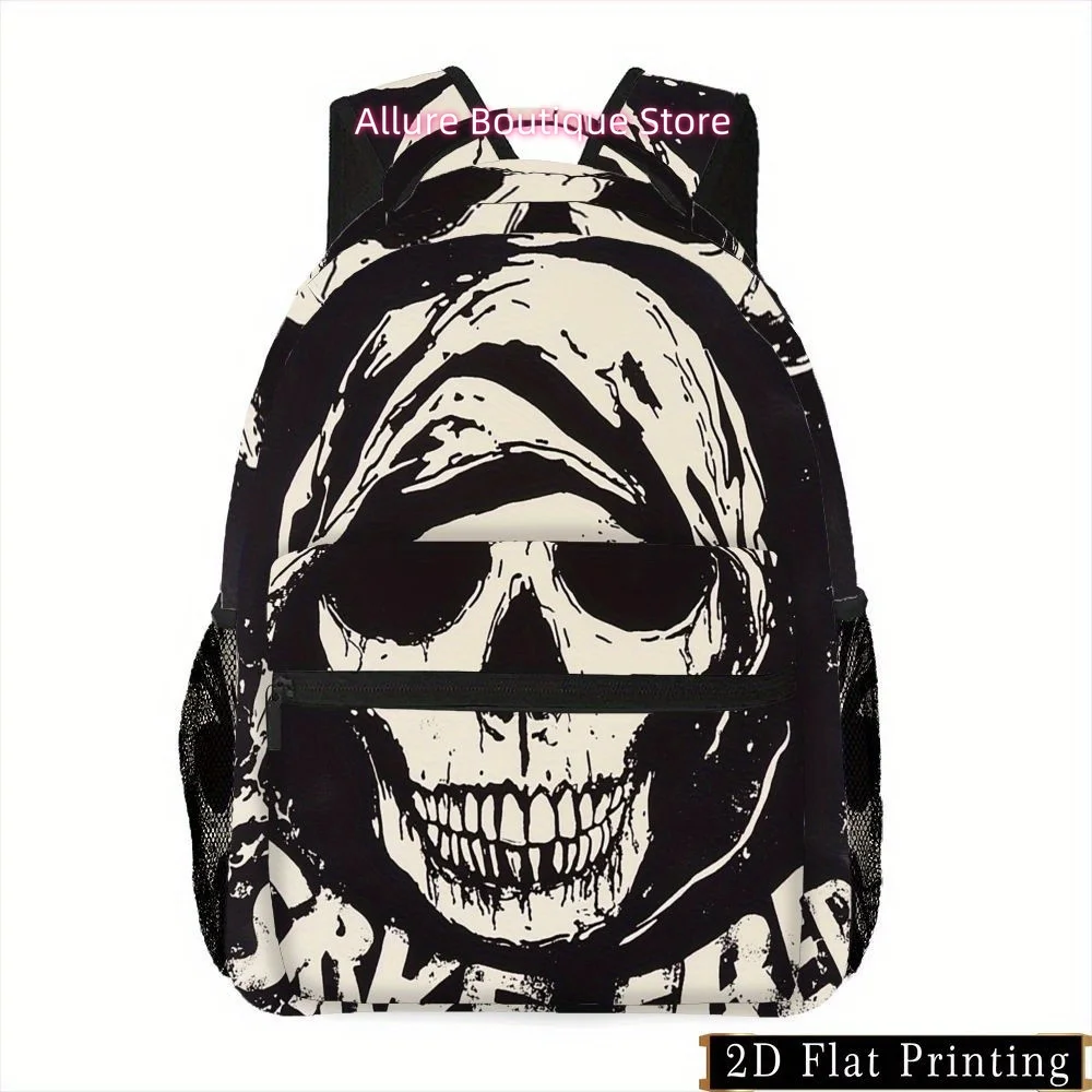 1pc Black and White Zipper Print Backpack with Skull Design, Hand-Washable Travel Fitness Camping Street Casual Essential Bag, S