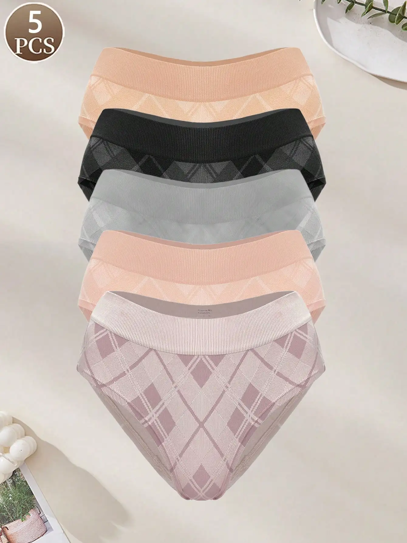 5PCS women's panties fashionable plaid patchwork low waist soft and comfortable underwear casual and sporty women's briefs