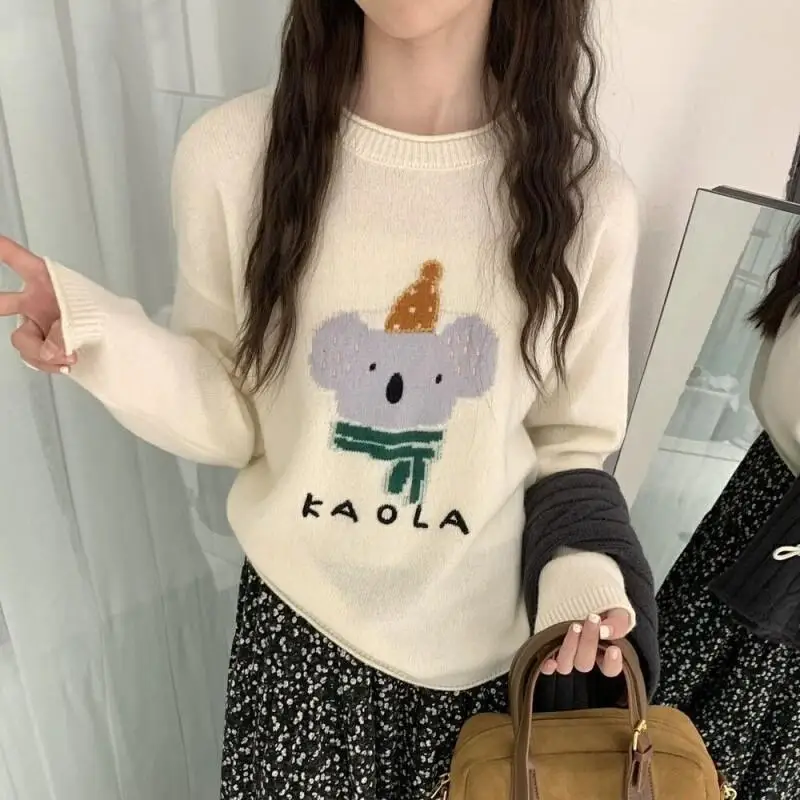 

Новый теплый и удобный вязаный свитер из хлопка с милым мультяшным принтом коалы, свободного кроя, для женщин, весна-осень
