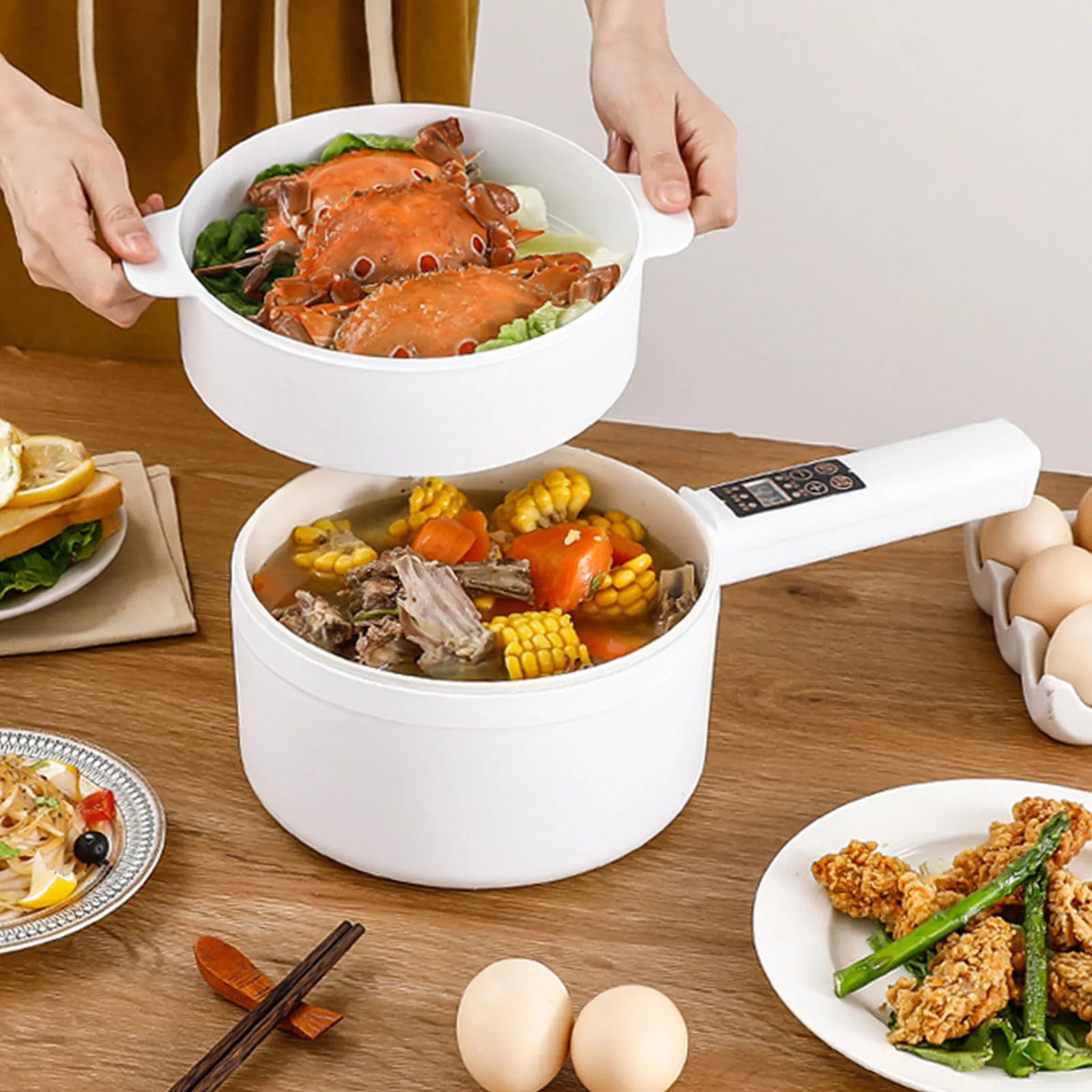 1,8L Multifunktions-Elektrokocher Ramen-Topf Elektrische Bratpfanne Hot Pot Elektrischer Reiskocher 6 Funktionsmenüs Antihaftpfanne