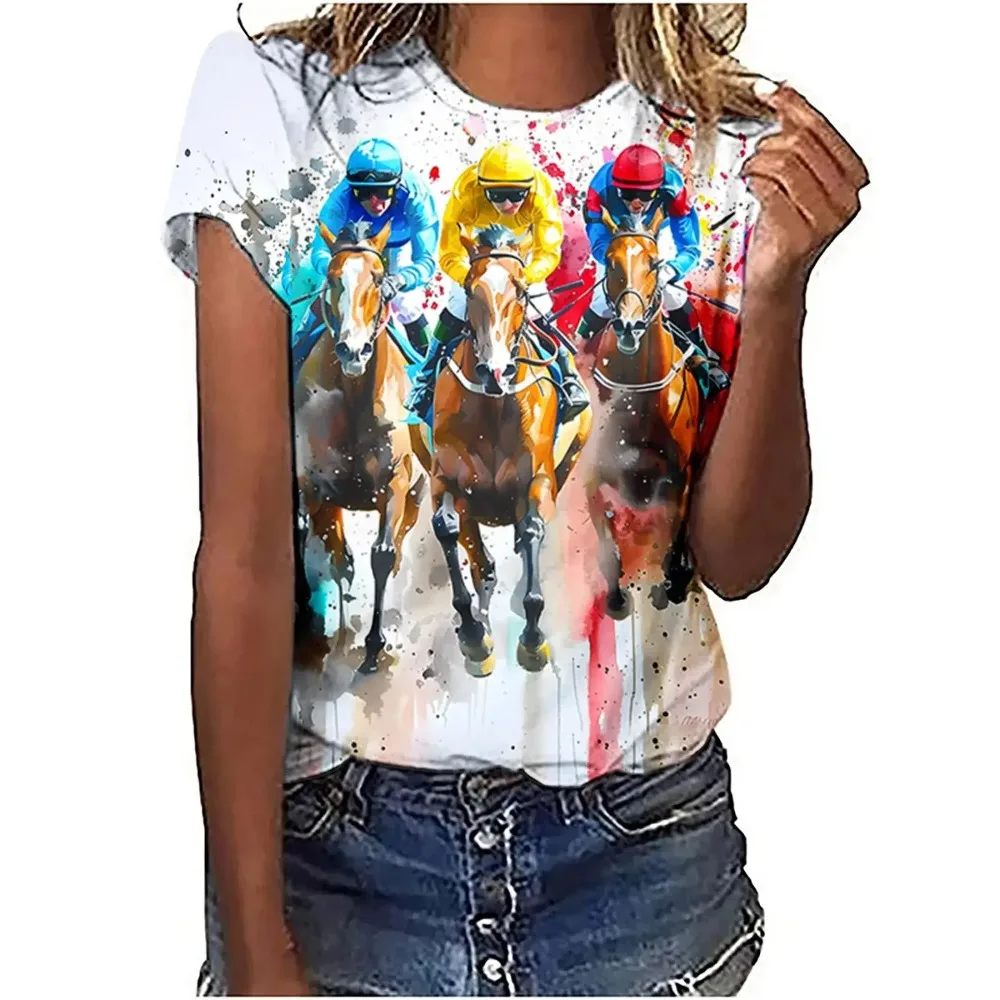 Women's T-Shirts Horse Racing Graphic 3D Printed New O-Neck Short Sleeve T Shirt Y2k Harajuku Tees Tops Female Pullover Clothing