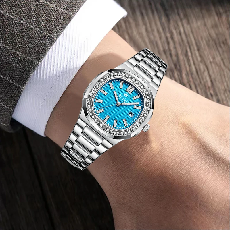 RUIQI men\'s stainless steel strap quartz watch, trendy diamond inlaid waterproof luminous watch