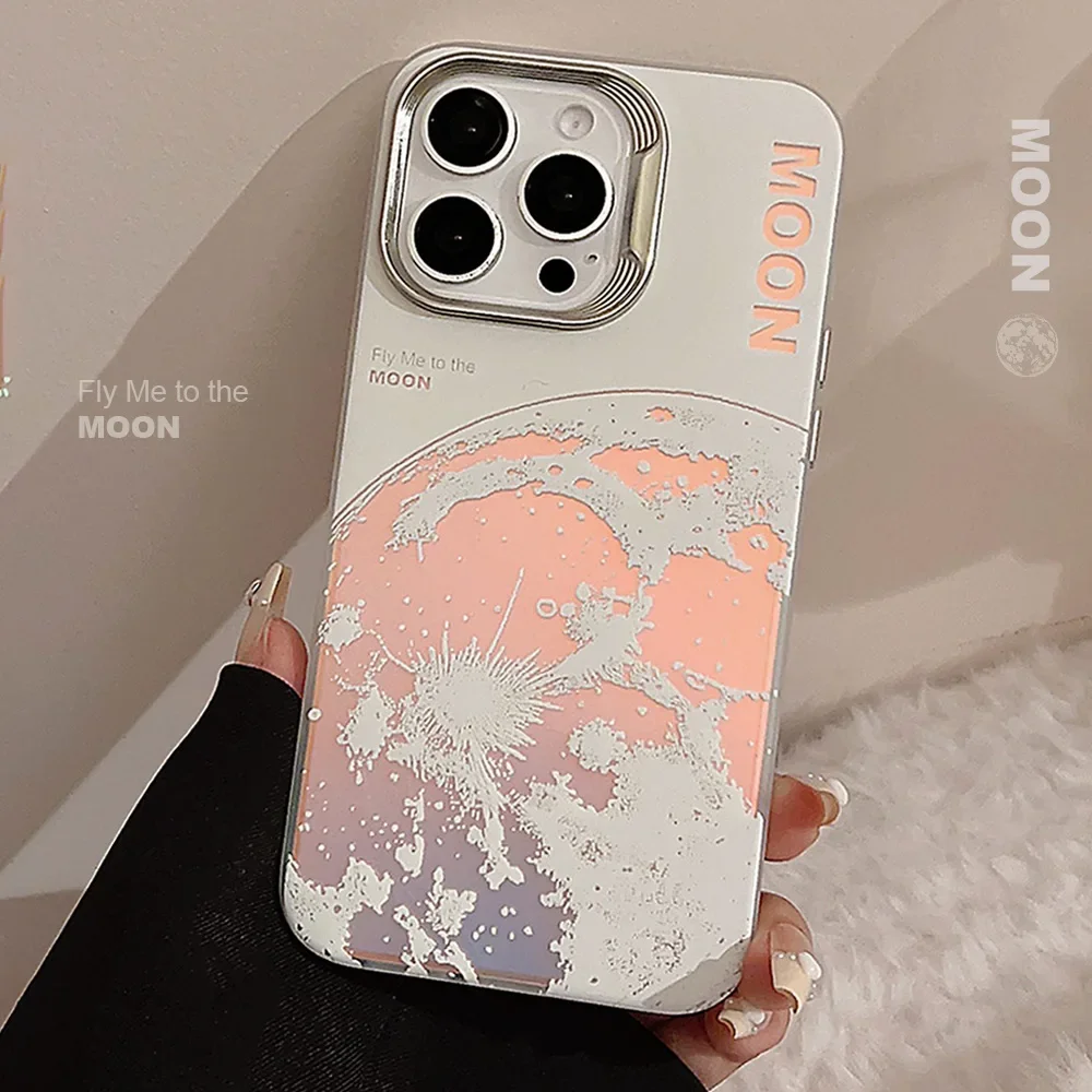 Universe moon Meteorite crater laser Phone Case For iPhone 16 15 14 13 12 11 Pro Max 14 15 Plus Case Cute luxury Cartoon Cover