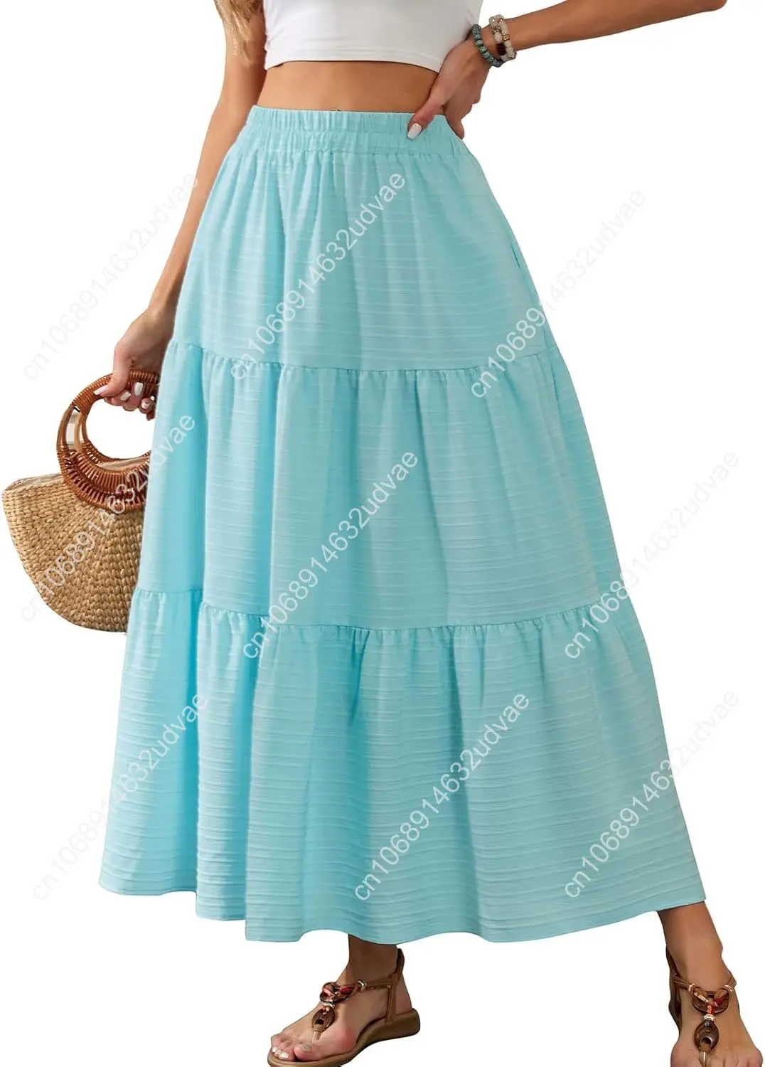 HUSKARY Women's Summer Casual Elegant Smock Layered Tiered Maxi Skirt High Waisted A Line Flowy Long Skirts with Pockets