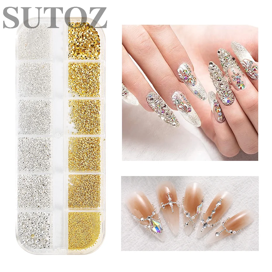 12 Grid Nail Rhinestone Gold Special-Shaped Mixed Flat Drill Diamond Manicure DIY Jewelry Nail Art Decor Accessories LE12G-XKC02